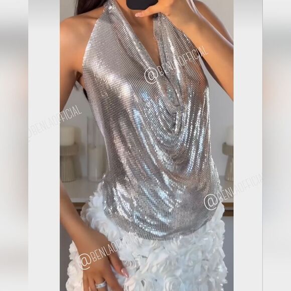 NWT ZARA METALLIC HALTER TOPβsilver - Picture 3 of 16